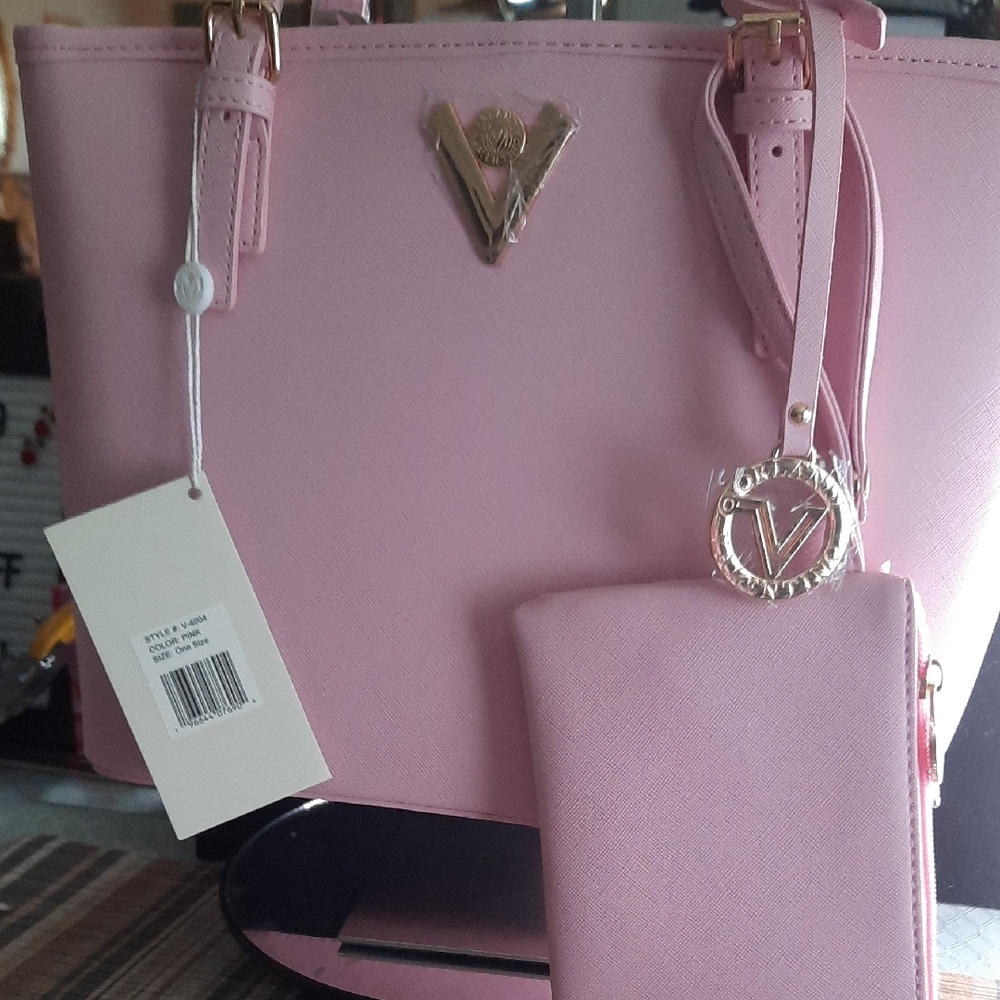 Valentino Orlandi Pink Tote with Matching Wristlet and Gold Accents - Picture 3 of 6
